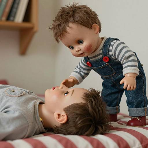 Creepy Doll Over Person in Striped Bed