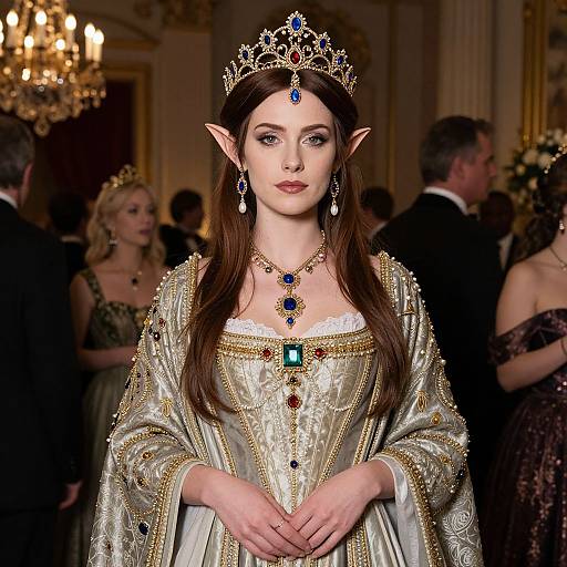 Photograph of a fair-skinned, brown-haired elf queen with a golden tiara, jeweled necklace, and ornate gown, standing in an