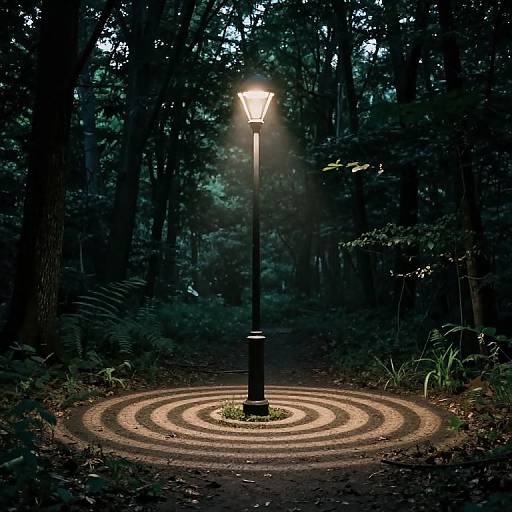 Photograph of a glowing streetlamp centered on a circular, spiral-patterned path in a dark, dense forest, surrounded by tall trees and greenery