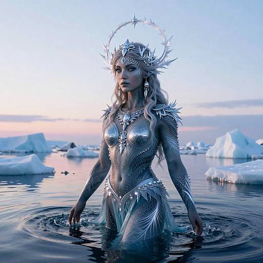 Photograph of a silver-armored, ethereal woman with long blonde hair, wearing a crown, standing in icy water at sunset, surrounded by floating