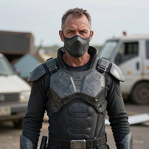 Photograph of a rugged, middle-aged man with short, spiky hair, wearing black tactical armor, gas mask, and black long-sleeve