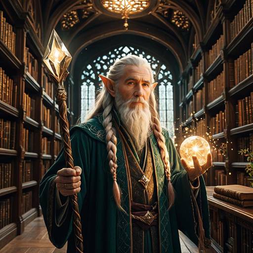 Elderly Elf Wizard in Ancient Library