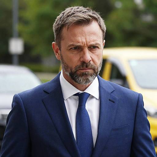 Serious Man in Blue Plaid Suit Outdoor