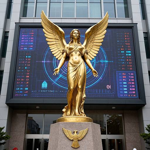 Golden winged statue of a goddess with a serene expression, standing on a pedestal, in front of a large digital screen displaying financial data in a modern