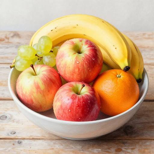 Photograph of a white bowl containing red apples, yellow bananas, green grapes, and an orange, with wooden background and natural light.