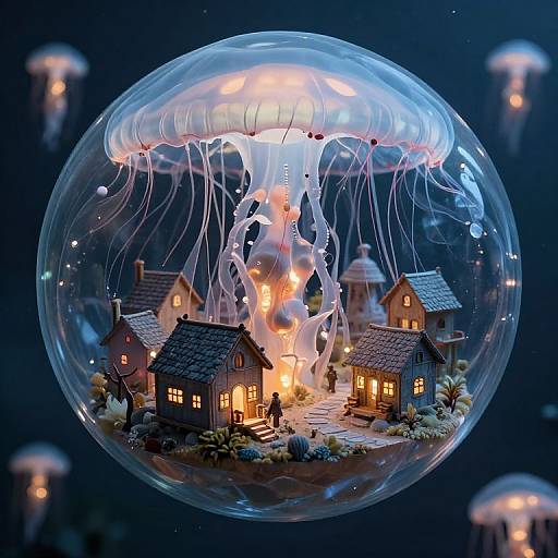 Photograph of a miniature village with glowing houses inside a transparent jellyfish dome, surrounded by other jellyfish in a dark blue ocean-like background.