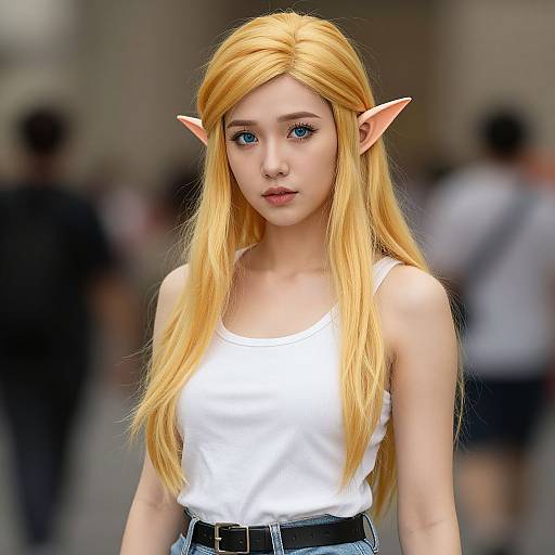 Digital CGI image of a young, fair-skinned, blonde elf woman with long hair, pointed ears, blue eyes, wearing a white tank top and