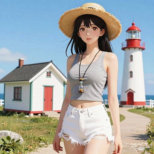 Digital anime-style artwork of a cute young woman with black hair, wearing a straw hat, gray tank top, and white frayed shorts, standing in