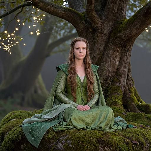 Photorealistic image of a fair-skinned, long-haired woman in a green, medieval-style dress, seated on a moss-covered tree stump in a
