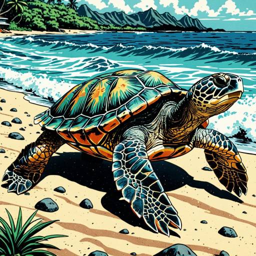 Sea Turtle on Hawaiian Beach in Retro Comic Style Sea Turtle on Hawaiian Beach in Retro Comic Style