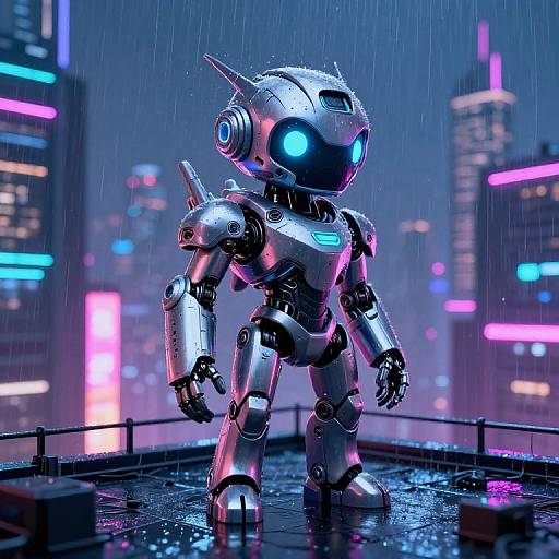 CGI image of a glowing, futuristic, metallic robot with blue eyes standing in the rain on a rooftop, neon cityscape background.