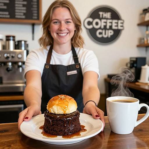 Smiling Barista Serving Chocolate Cake