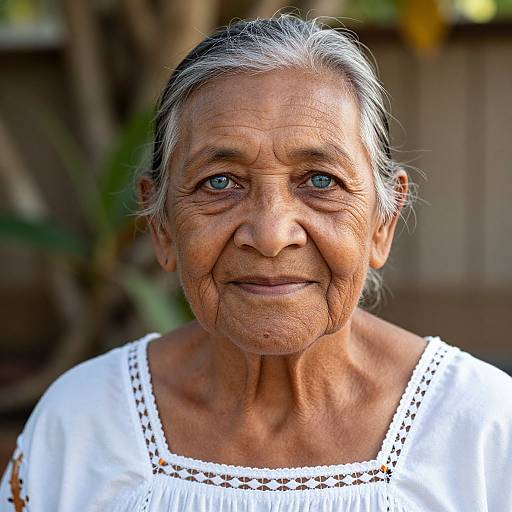 Photograph of an elderly woman with deep wrinkles, gray hair, and blue eyes, wearing a white blouse, smiling gently outdoors.