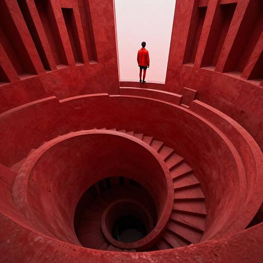 Photograph of a red, circular, spiral staircase leading to a bright white door, with a silhouetted person in a red shirt standing at