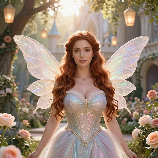 Photorealistic digital artwork of a red-haired fairy princess with iridescent wings, sparkling white dress, and rose garden background.