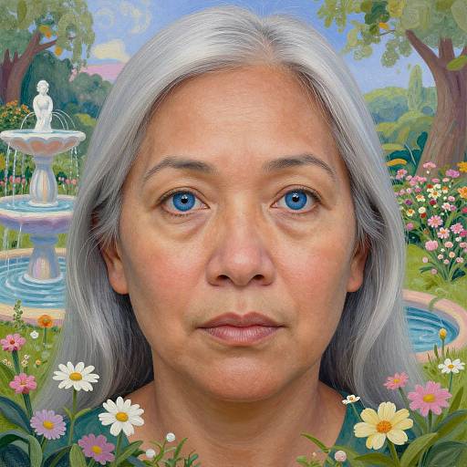 Photorealistic portrait of an older woman with silver hair, blue eyes, and fair skin, standing in a vibrant garden with a white fountain, surrounded