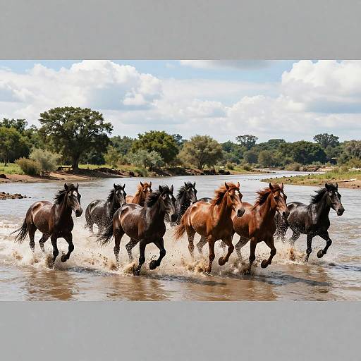 Wild Horses Galloping Through River