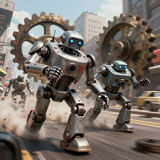 CGI image of two blue-eyed, silver robots running on a city street, kicking up dust, with large gears in the background. Urban setting,