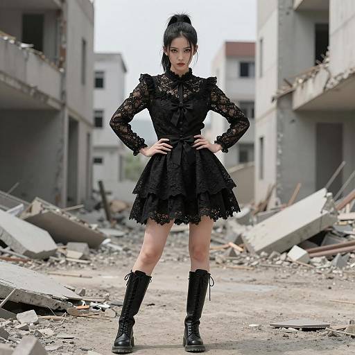 Woman in Black Lace Dress in Urban Ruins