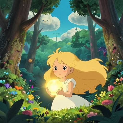 Cartoon-style digital drawing of a blonde girl in a white dress holding a glowing light in a vibrant, colorful forest.