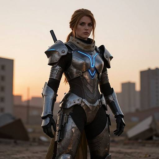 Photograph of a determined, red-haired woman in futuristic, silver armor with blue glowing accents, standing in a ruined, sunset-lit urban landscape.