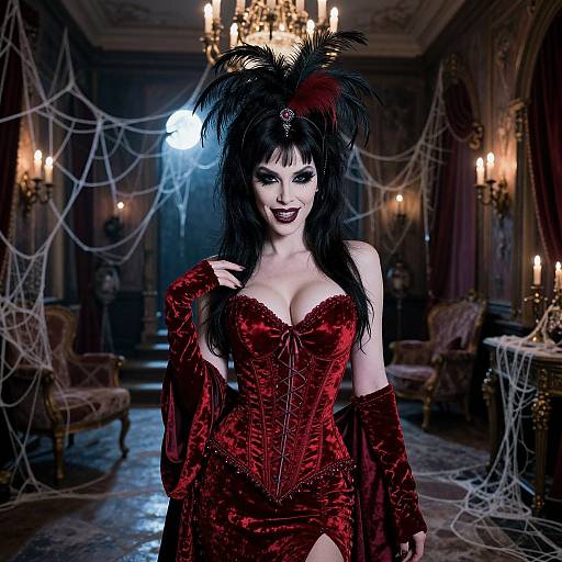 Gothic vampire woman in red velvet corset, black feathered headdress, and gloves, standing in dimly lit, spider-web adorned mansion