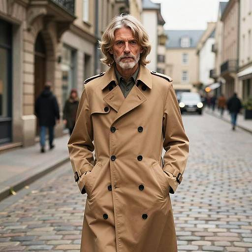 Older Man in Camel Trench Coat on Cobblestone Street