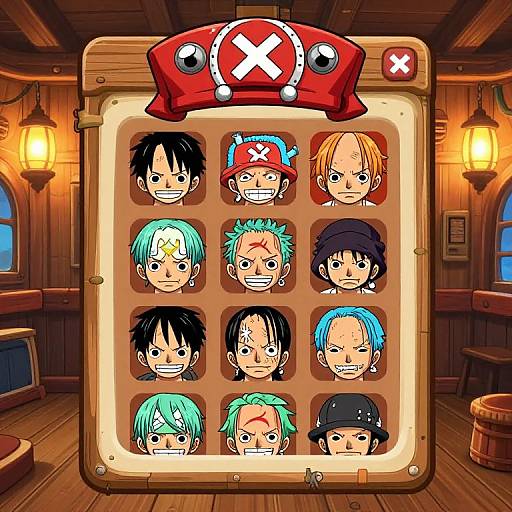 Digital anime-style image of a wooden ship's interior with a red, X-marked faceplate displaying nine colorful, cartoon character heads.