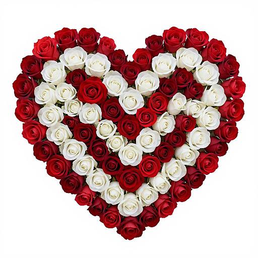 Photograph of a heart-shaped arrangement of red and white roses, alternating colors in concentric layers, against a white background.