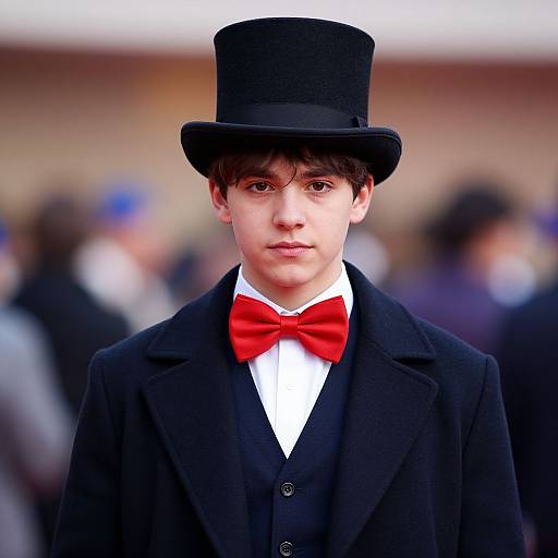 Photograph of a young Caucasian boy with fair skin, wearing a black top hat, red bow tie, black suit, and white shirt, standing in