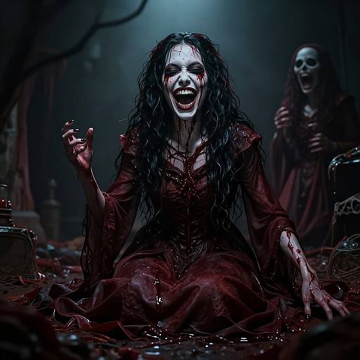 Photorealistic CGI: Pale woman with long black hair, blood-stained red dress, screaming, blood on hands, sitting on dark, blood-so