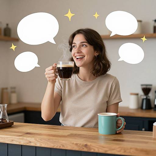Photograph of a smiling brunette woman in a white t-shirt, holding a steaming coffee cup, with speech bubbles and stars in a cozy, wooden