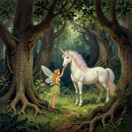 Digital fantasy illustration: fairy with translucent wings gently touches unicorn's snout in enchanted forest, surrounded by ancient, tree-carved runes.
