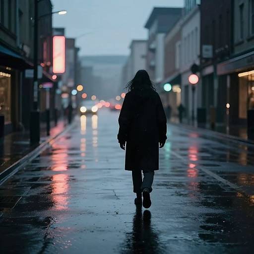 Photograph of a silhouette of a person with long hair walking down a wet, reflective street at dusk, surrounded by blurred city lights.
