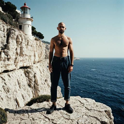 Shirtless Man Standing on Cliff Edge by Lighthouse