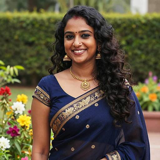 Photograph of a smiling Indian woman with long, wavy black hair, wearing a navy blue saree with gold embroidery, ornate earrings, and