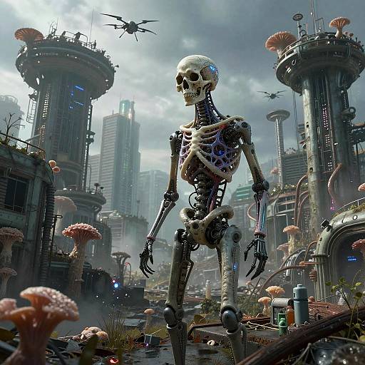 Bio-Mechanical Skeleton in Futuristic Overgrown Metropolis