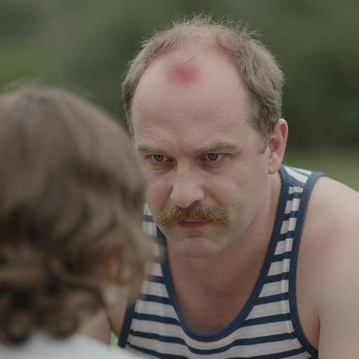 Middle-aged man with red forehead and intense gaze