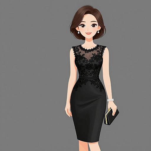 Digital illustration of a smiling Asian woman with short brown hair, wearing a black lace sleeveless knee-length dress and holding a black clutch, against a gray