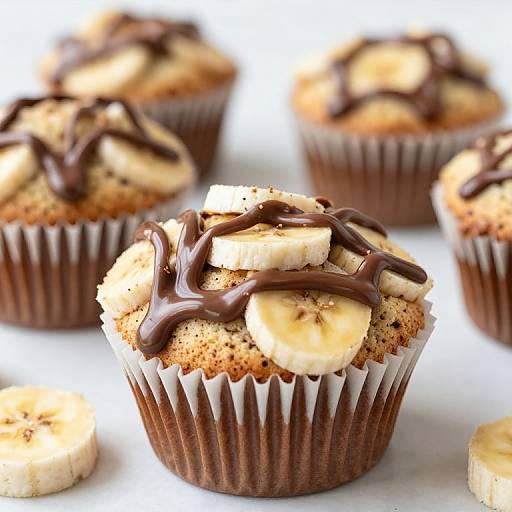 Photograph of chocolate-glazed banana muffins in brown paper cups, topped with sliced bananas, on a white background.