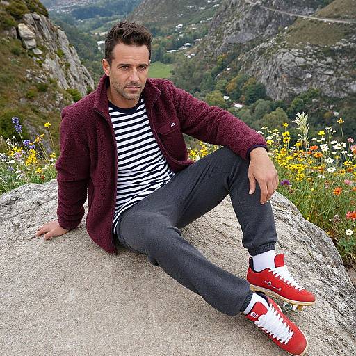 Photograph of a casually dressed middle-aged man with short dark hair, sitting on a rocky mountain ledge, wearing a red jacket, striped shirt, black