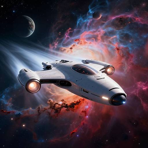 Digital art of a sleek, white, futuristic spaceship with glowing engines, flying through a vibrant, colorful nebula with a planet in the background.