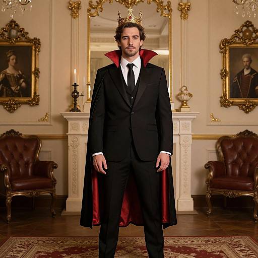Photograph of a bearded man in a black suit, red-lined cape, and gold crown, standing in an opulent, classic room.