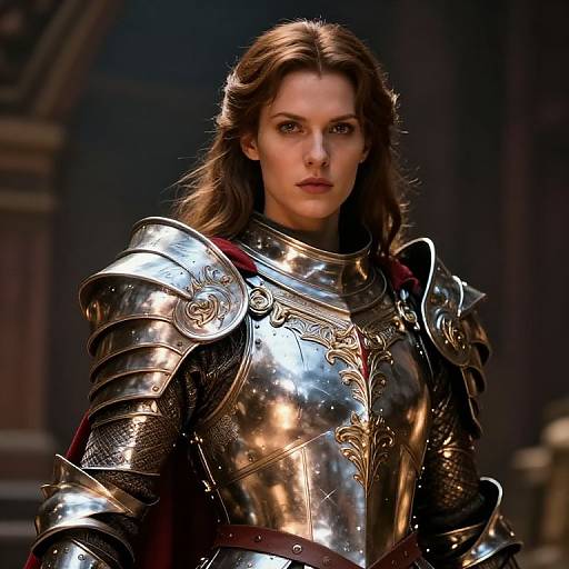 Photograph of a determined, brown-haired woman in shiny, ornate medieval armor with intricate gold embroidery, standing in a dimly lit, historic stone