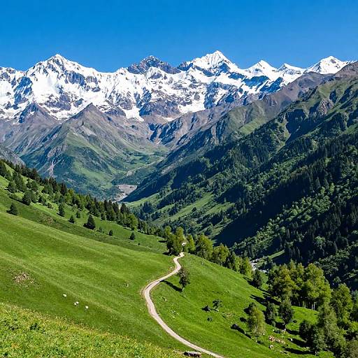 Photograph of a vibrant alpine landscape with a winding dirt path through green meadows, leading to snow-capped, jagged mountains under a clear