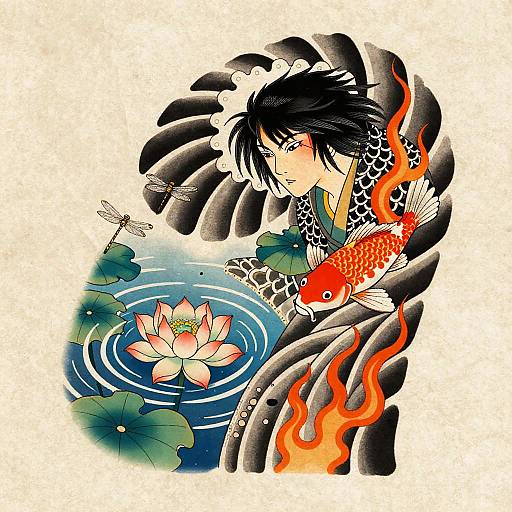 Anime Irezumi Koi Pond Tattoo Flash