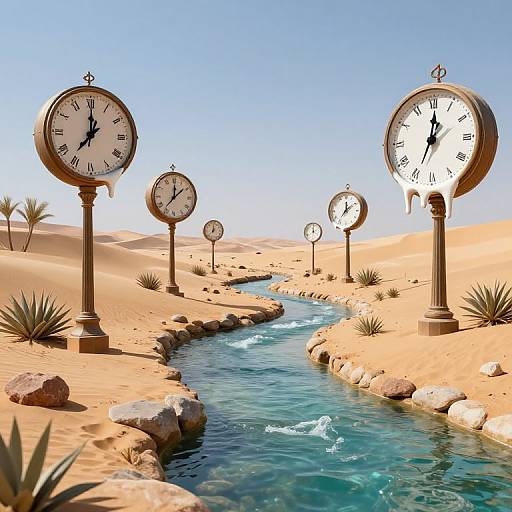 Photograph of six vintage-style clocks standing along a winding desert oasis creek, with sandy dunes, sparse vegetation, and a clear blue sky.