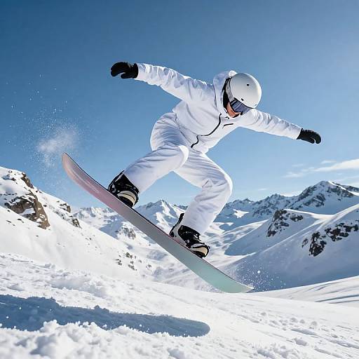 Photograph of a snowboarder in white gear and helmet, mid-air, snowboarding down a snowy mountain under a clear blue sky.