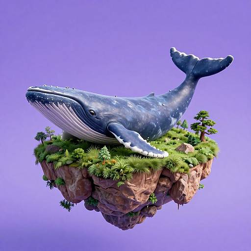 Digital artwork of a realistic blue whale with white underbelly, floating above a lush, green, rocky island against a vibrant purple sky.