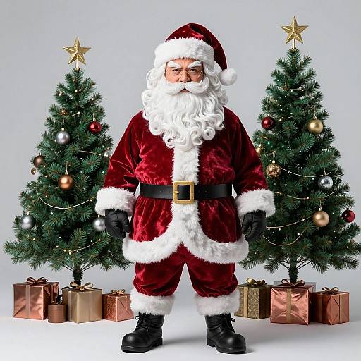 Photograph of a Santa Claus doll with a white beard and red velvet suit, standing between two decorated Christmas trees with gold stars and wrapped gifts.